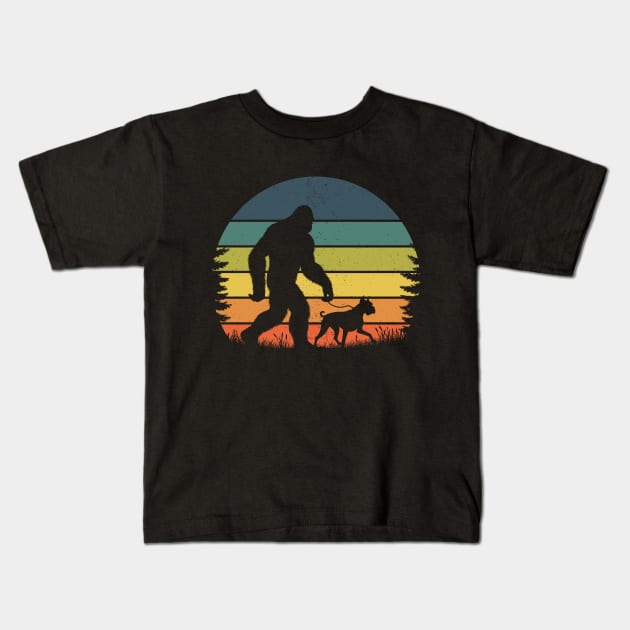 Bigfoot Walking Boxer Dog Vintage Sunset Hiking Dog Kids T-Shirt by Cuteness Klub